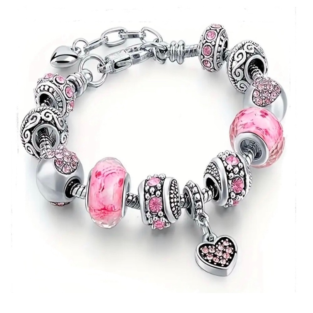 Pendant Bracelet - Pink Heart Charm adjustable Serpentine Silver Chain.